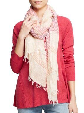 EILEEN FISHER Cerise Pink Striped Linen Cotton Shine Gauze Fringe Rectangle Wrap